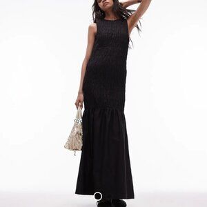 NWT TOPSHOP shirred maxi black dress with contrast top stitch